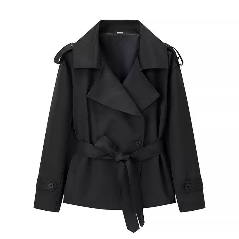 Double-Breasted Trench Jacket With Tie Waist and Epaulets – Black