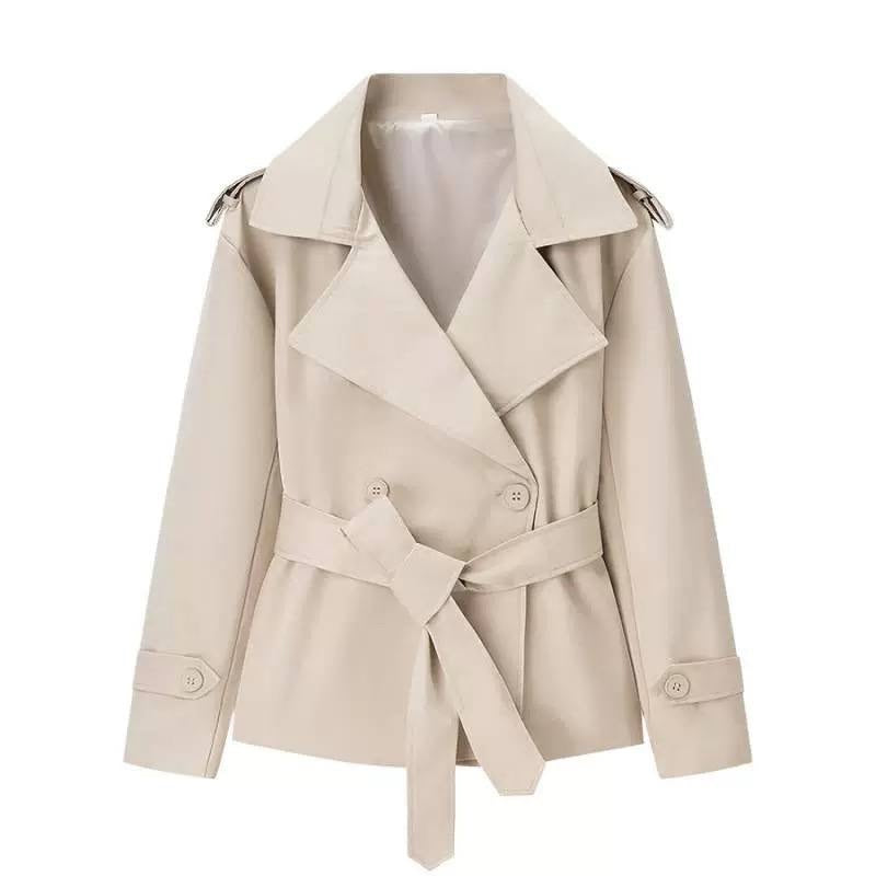 Double-Breasted Trench Jacket With Tie Waist and Epaulets – Cream