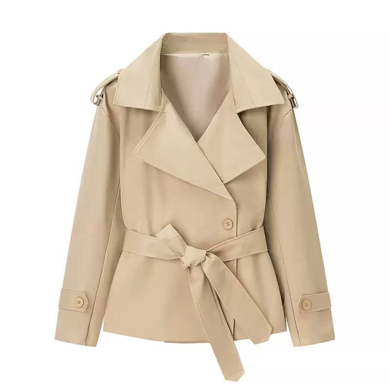 Double-Breasted Trench Jacket With Tie Waist and Epaulets – Beige