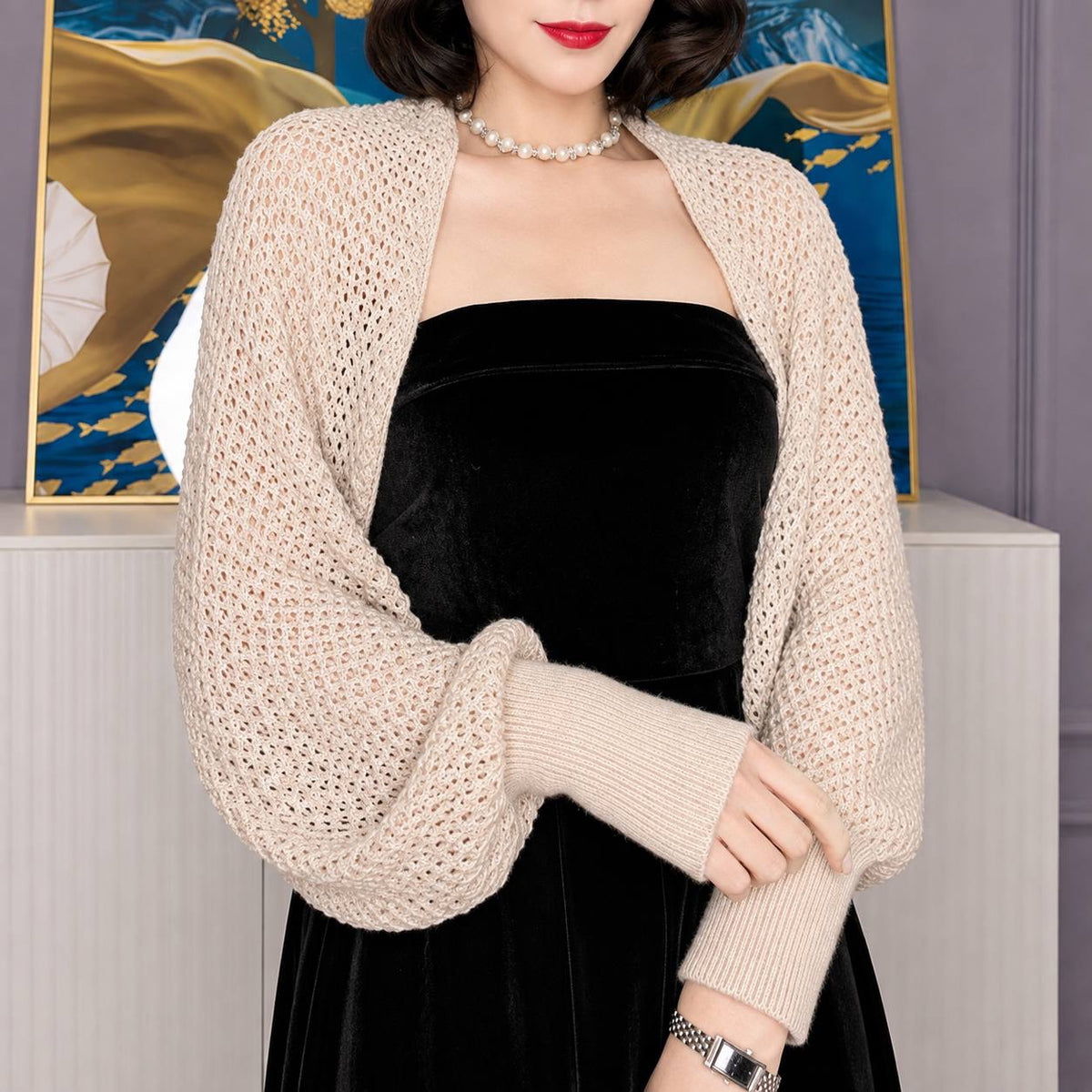 Balloon Sleeve Open-Front Cardigan With Cropped Shrug Silhouette – Beige