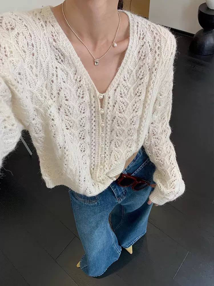 Relaxed Pointelle Cardigan With V-Neck and Ribbed Trim – Ivory