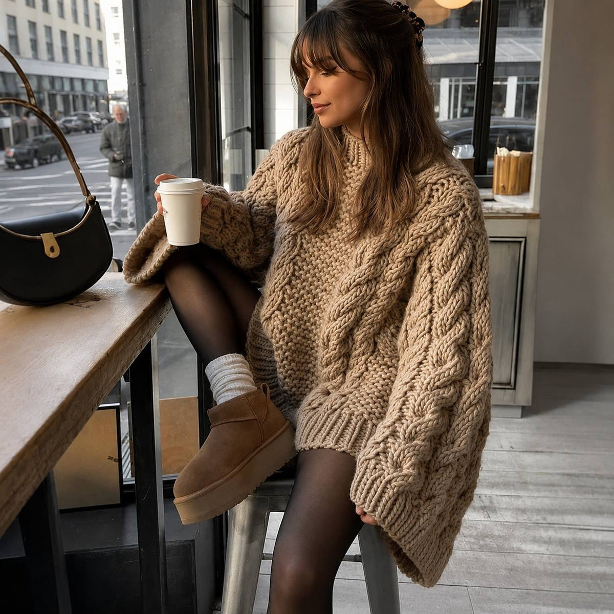 Relaxed Cable Knit Sweater With Ribbed Round Neckline – Beige