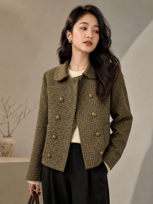 Double-Breasted Check Jacket With Patch Pockets And Rounded Collar – Olive Check