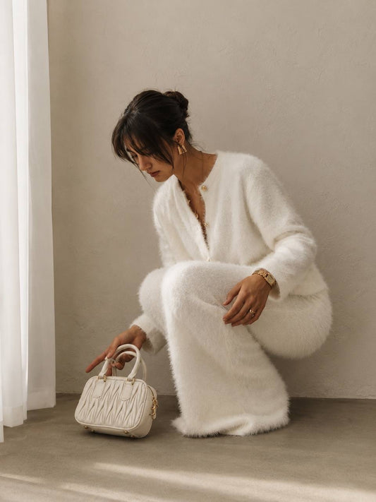 Round-Neck Cardigan and Maxi Skirt Set With Patch Pockets – White