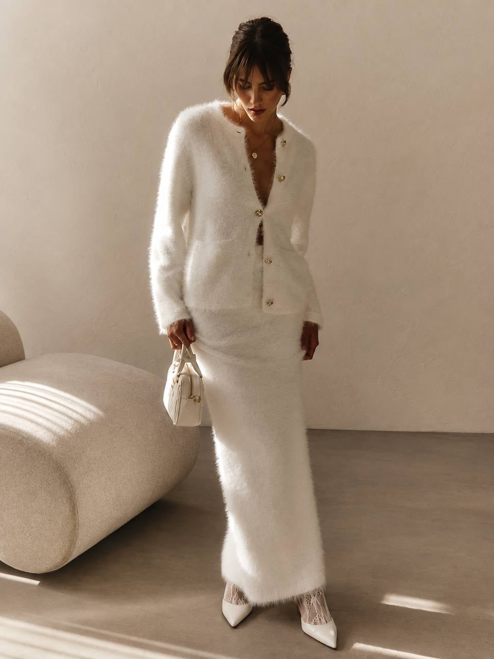 Round-Neck Cardigan and Maxi Skirt Set With Patch Pockets – White