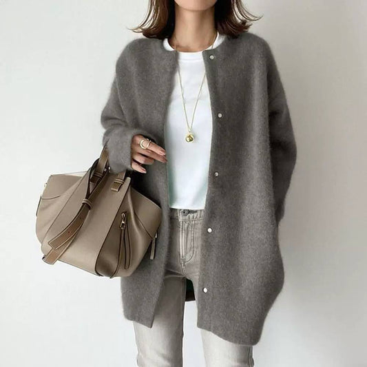 Textured Longline Cardigan With Snap Closure And Long Sleeves – Grey
