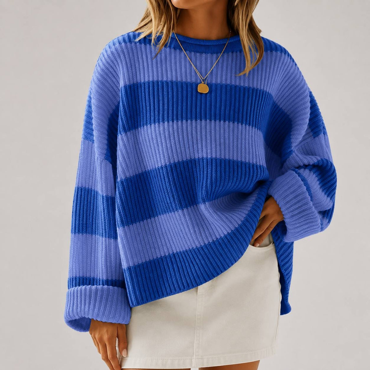 Ribbed Sweater With Wide Stripes And Crew Neckline – Blue Stripe