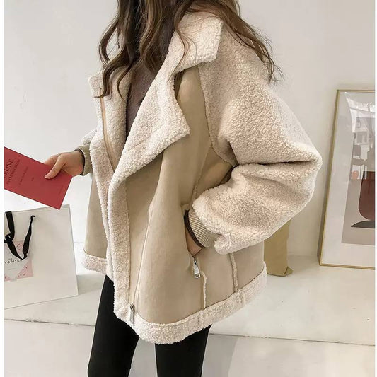 Contrast Texture Jacket With Statement Lapels And Zip Pockets – Beige