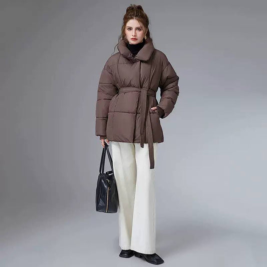 Quilted Tie-Waist Puffer Jacket With Stand Collar – Brown