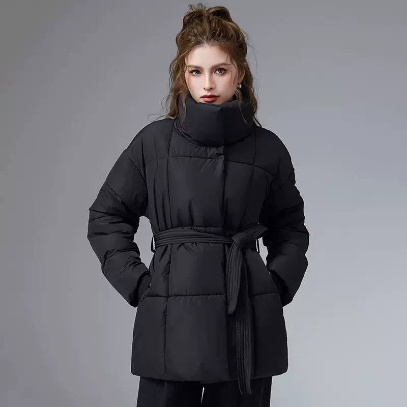 Quilted Tie-Waist Puffer Jacket With Stand Collar – Black