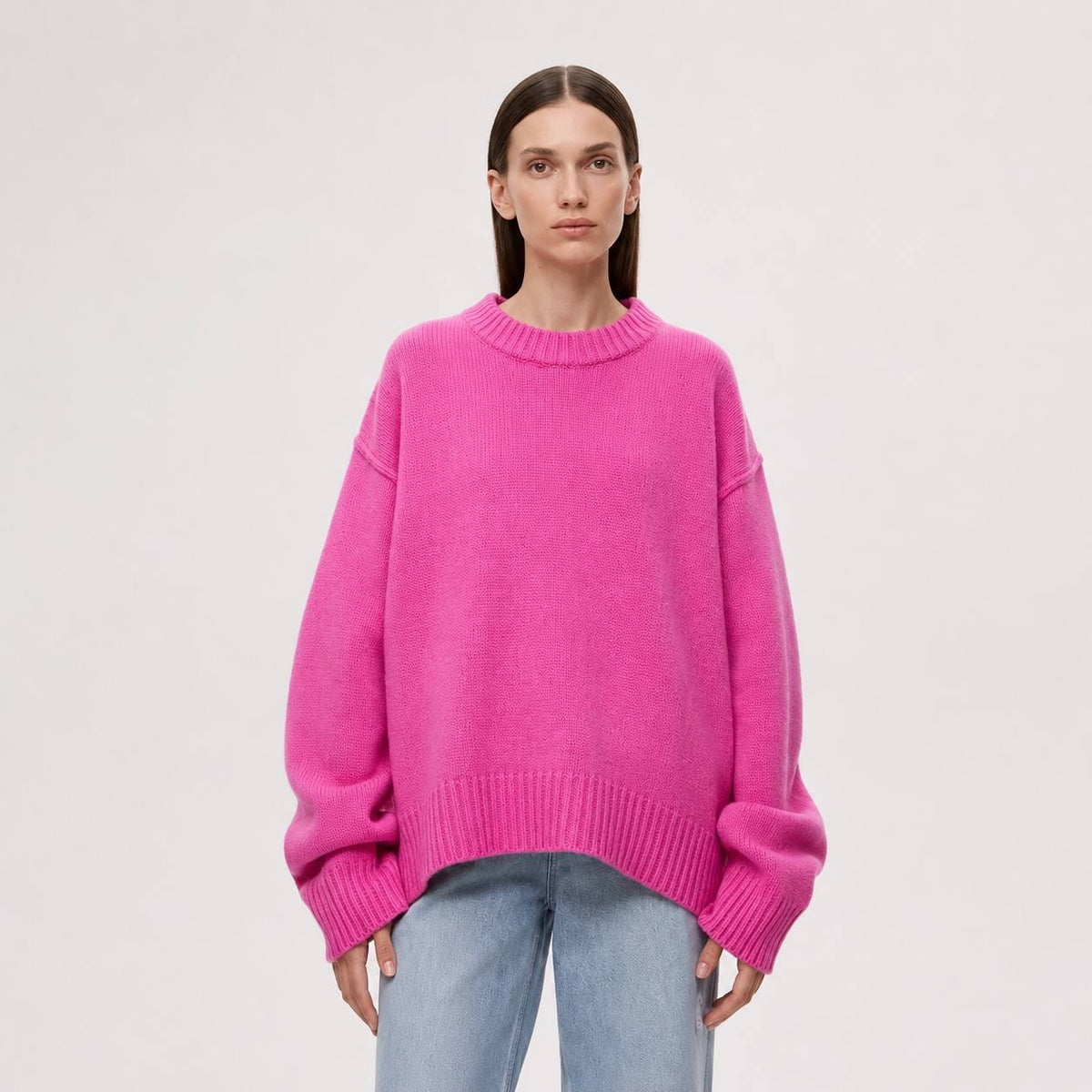 Relaxed Long Sleeve Sweater With Ribbed Crew Neck – Pink