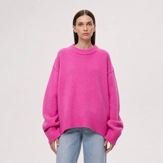 Relaxed Long Sleeve Sweater With Ribbed Crew Neck – Pink