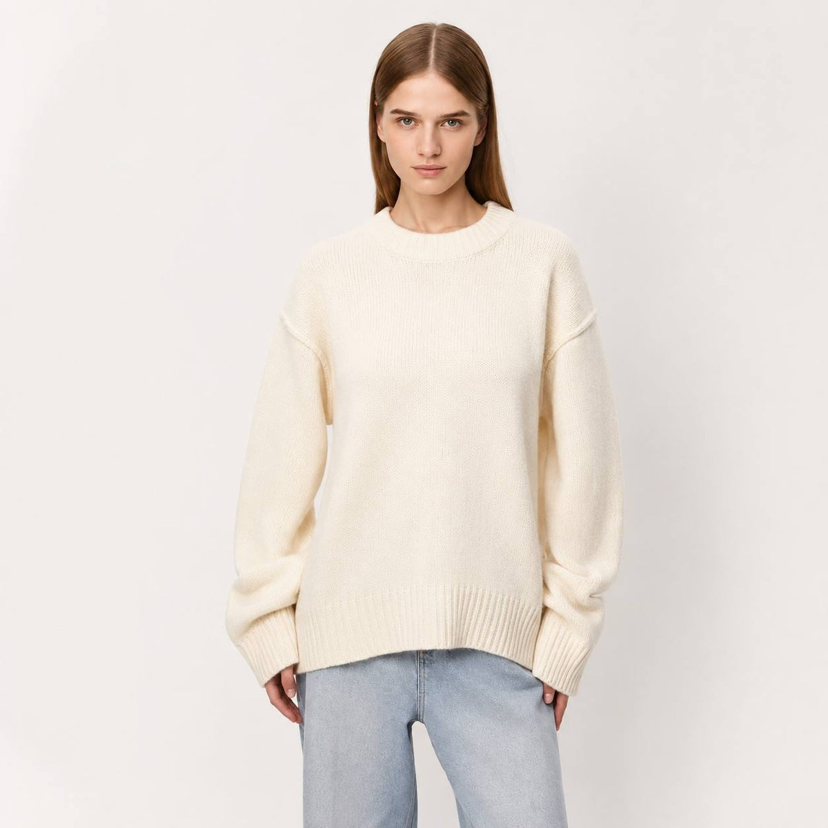 Relaxed Long Sleeve Sweater With Ribbed Crew Neck – Cream