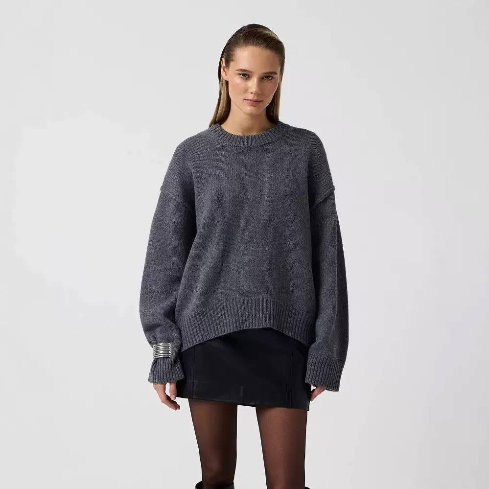 Relaxed Long Sleeve Sweater With Ribbed Crew Neck – Dark Grey