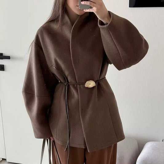 Shell Detail Wrap Coat With Sculpted Long Sleeves – Brown