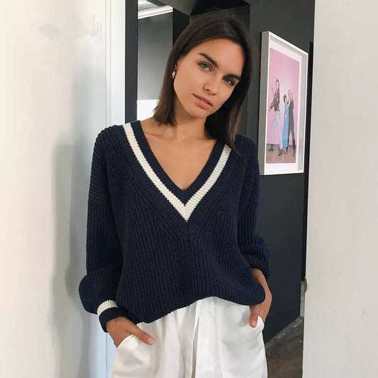 Striped V-Neck Sweater With Dropped Shoulders and Full Sleeves – Navy