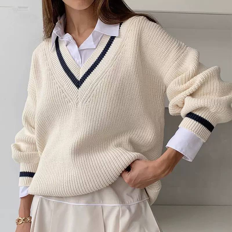 Striped V-Neck Sweater With Dropped Shoulders and Full Sleeves – Cream