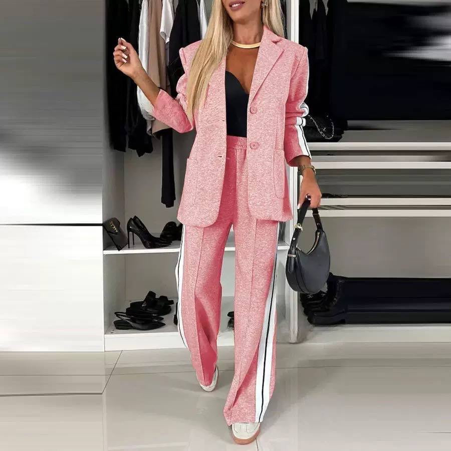 Notched Lapel Blazer Set With Side-Stripe Pants – Pink