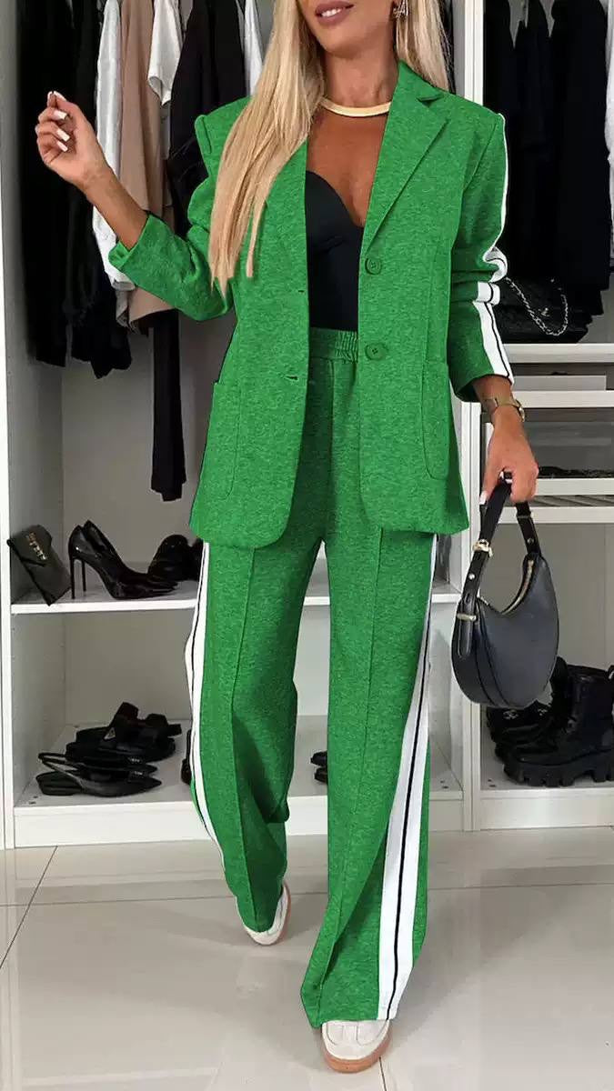 Notched Lapel Blazer Set With Side-Stripe Pants – Green