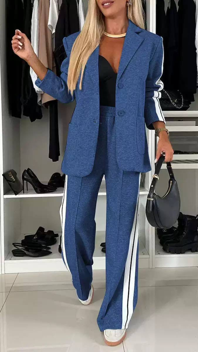 Notched Lapel Blazer Set With Side-Stripe Pants – Blue