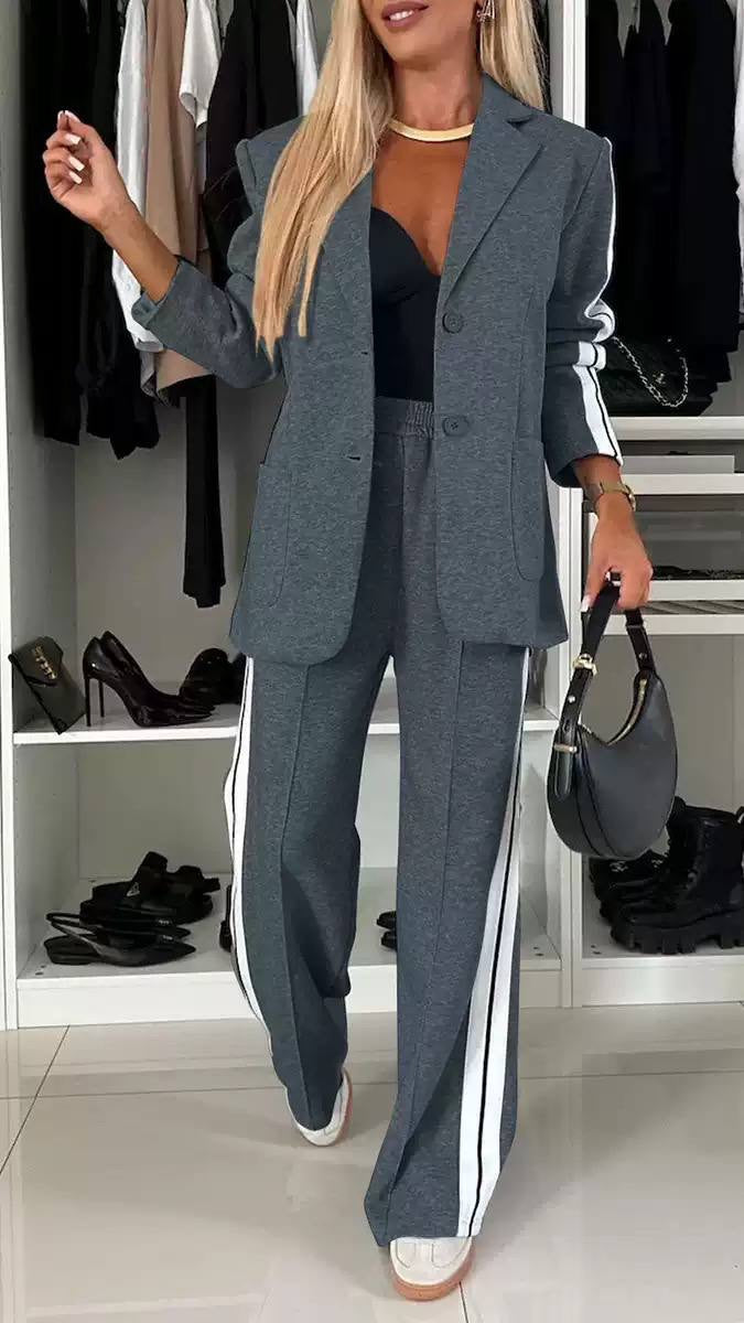 Notched Lapel Blazer Set With Side-Stripe Pants – Dark Grey