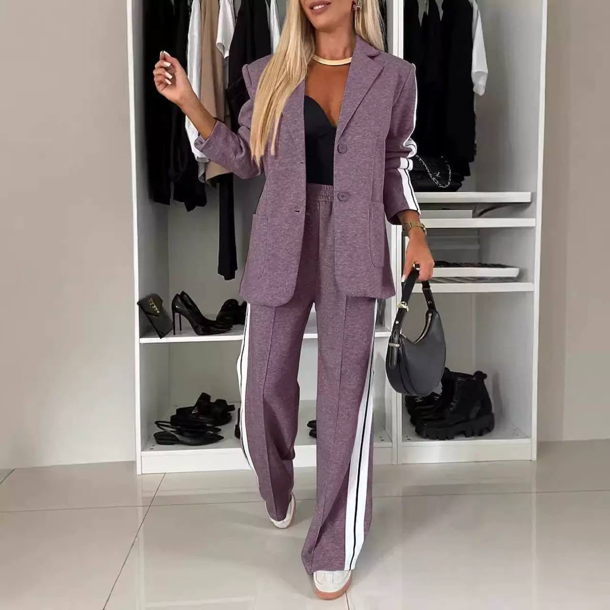 Notched Lapel Blazer Set With Side-Stripe Pants – Mauve
