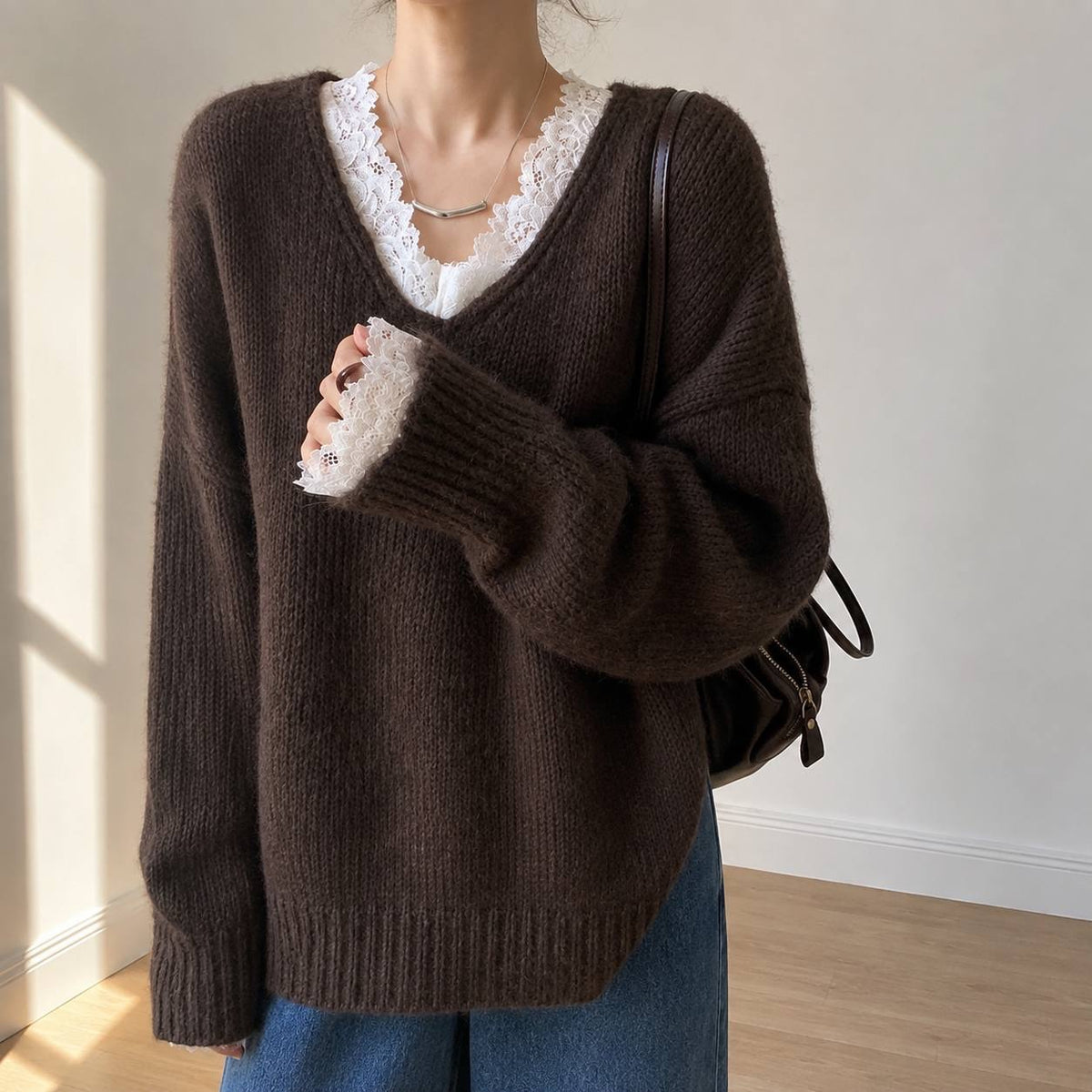 Textured V-Neck Sweater With Long Sleeves And Ribbed Edges – Dark Brown