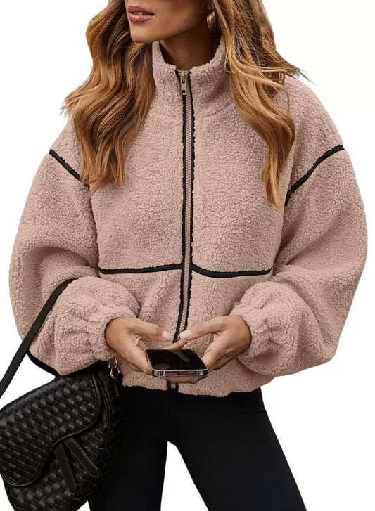 Relaxed Drop-Shoulder Jacket With Contrast Piping and Zip Closure – Beige