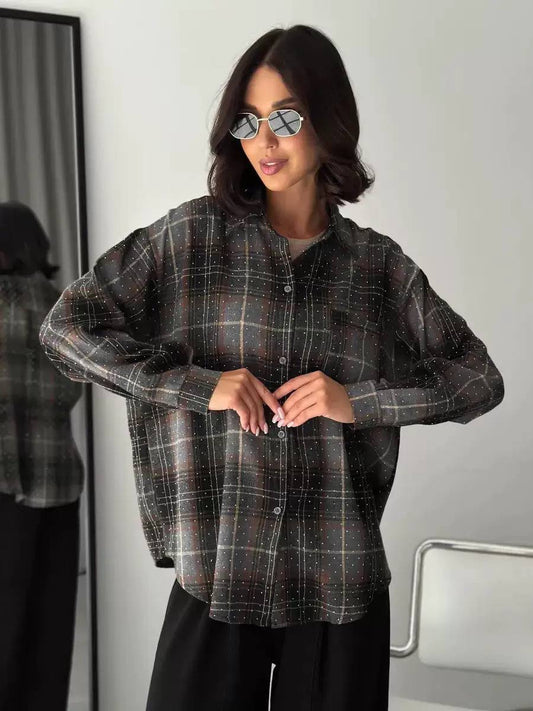 Relaxed Plaid Collared Shirt With Dotted Details – Black Plaid