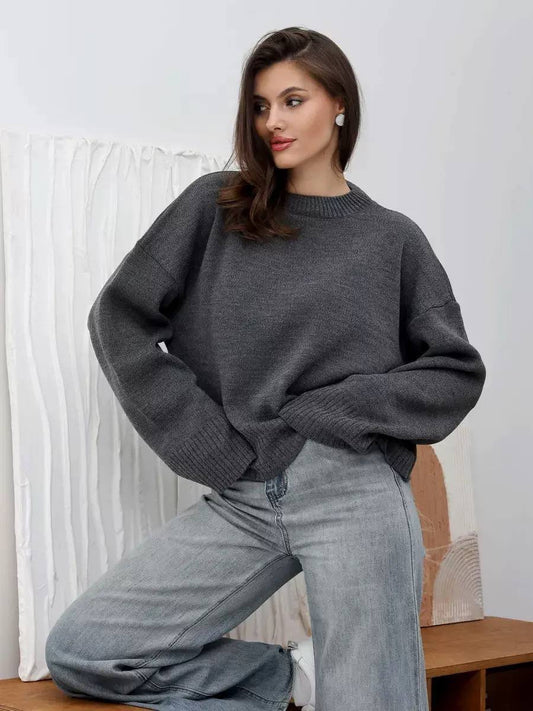 Long Sleeve Sweater With Wide Cuffs and Ribbed Hem – Dark Grey