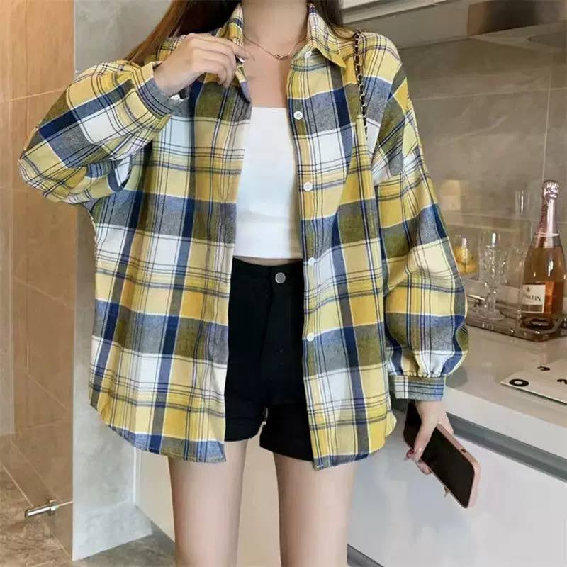 Relaxed Plaid Collared Shirt With Gathered Long Sleeves – Yellow And Blue Plaid