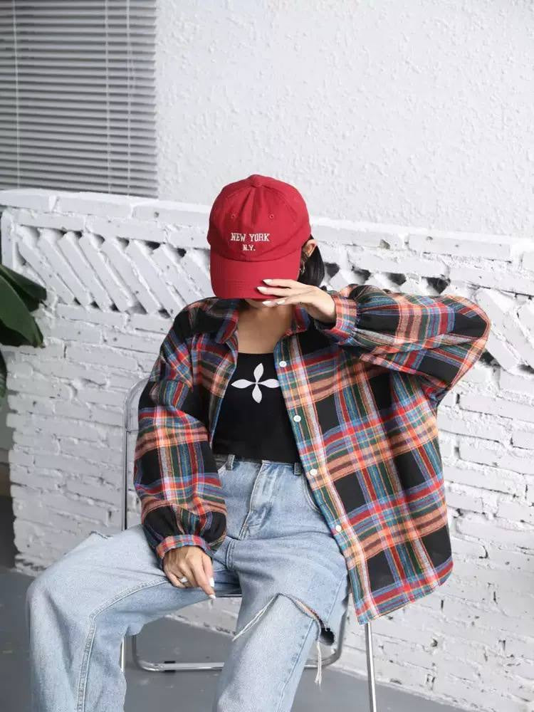 Relaxed Plaid Collared Shirt With Gathered Long Sleeves – Black Multicolour Plaid