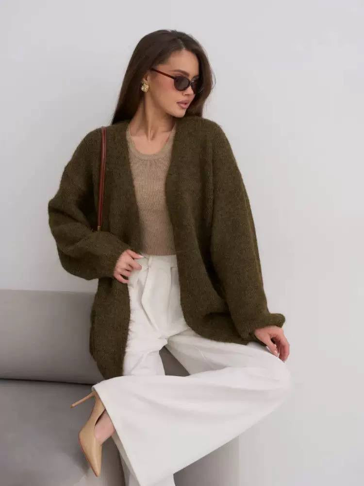 Longline Knit Cardigan With Voluminous Sleeves and Open Front – Olive