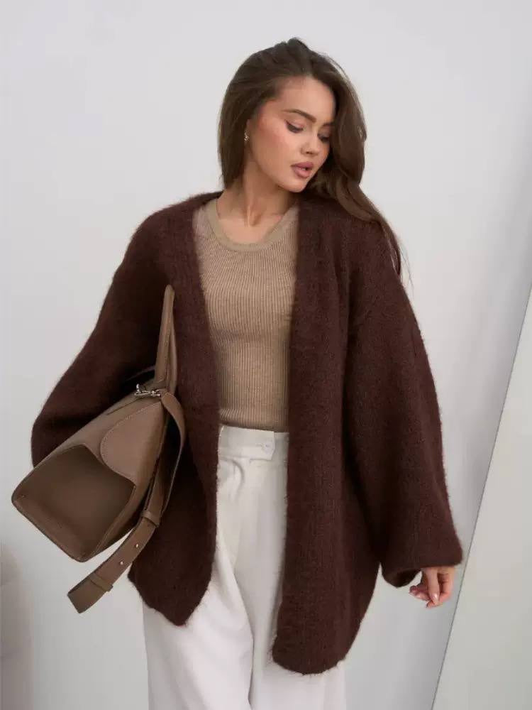 Longline Knit Cardigan With Voluminous Sleeves and Open Front – Brown