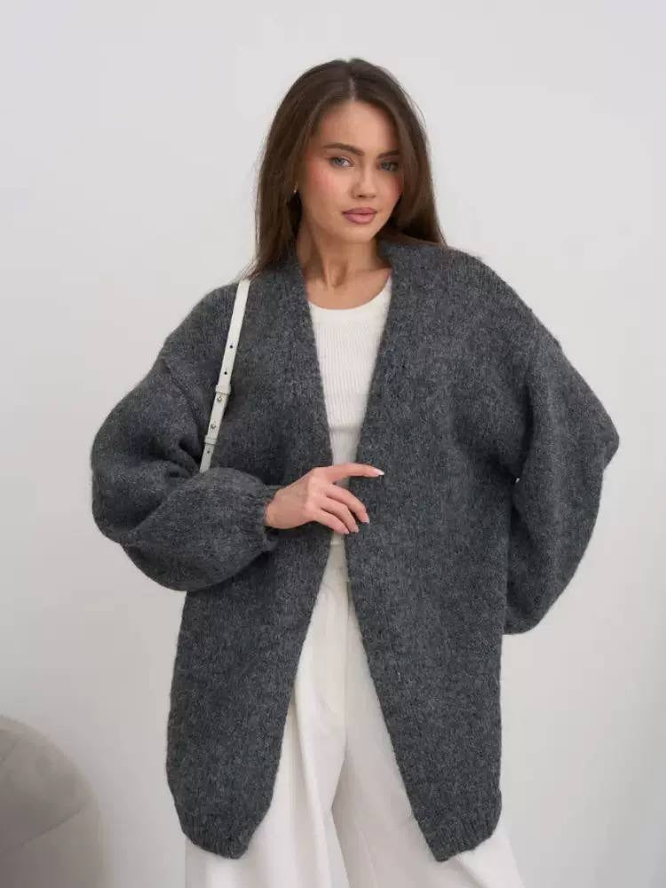 Longline Knit Cardigan With Voluminous Sleeves and Open Front – Dark Grey