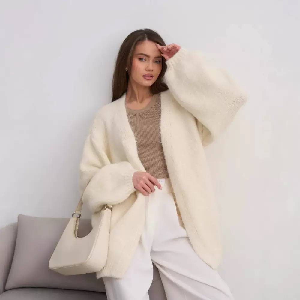 Longline Knit Cardigan With Voluminous Sleeves and Open Front – Cream
