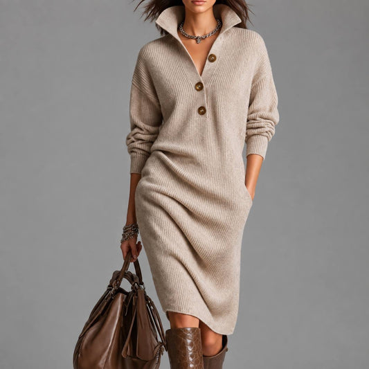 Ribbed Long Sleeve Sweater Dress With Statement Collar – Beige