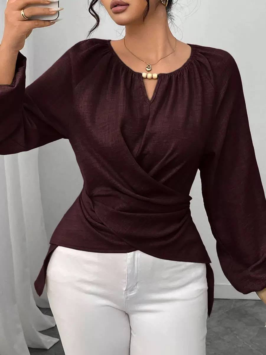 Crossover Blouse With Gathered Neckline and Full Sleeves – Burgundy