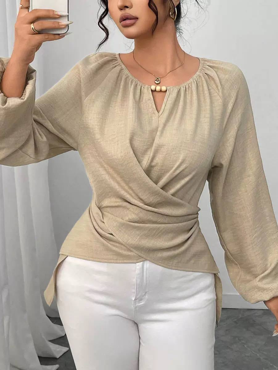 Crossover Blouse With Gathered Neckline and Full Sleeves – Beige