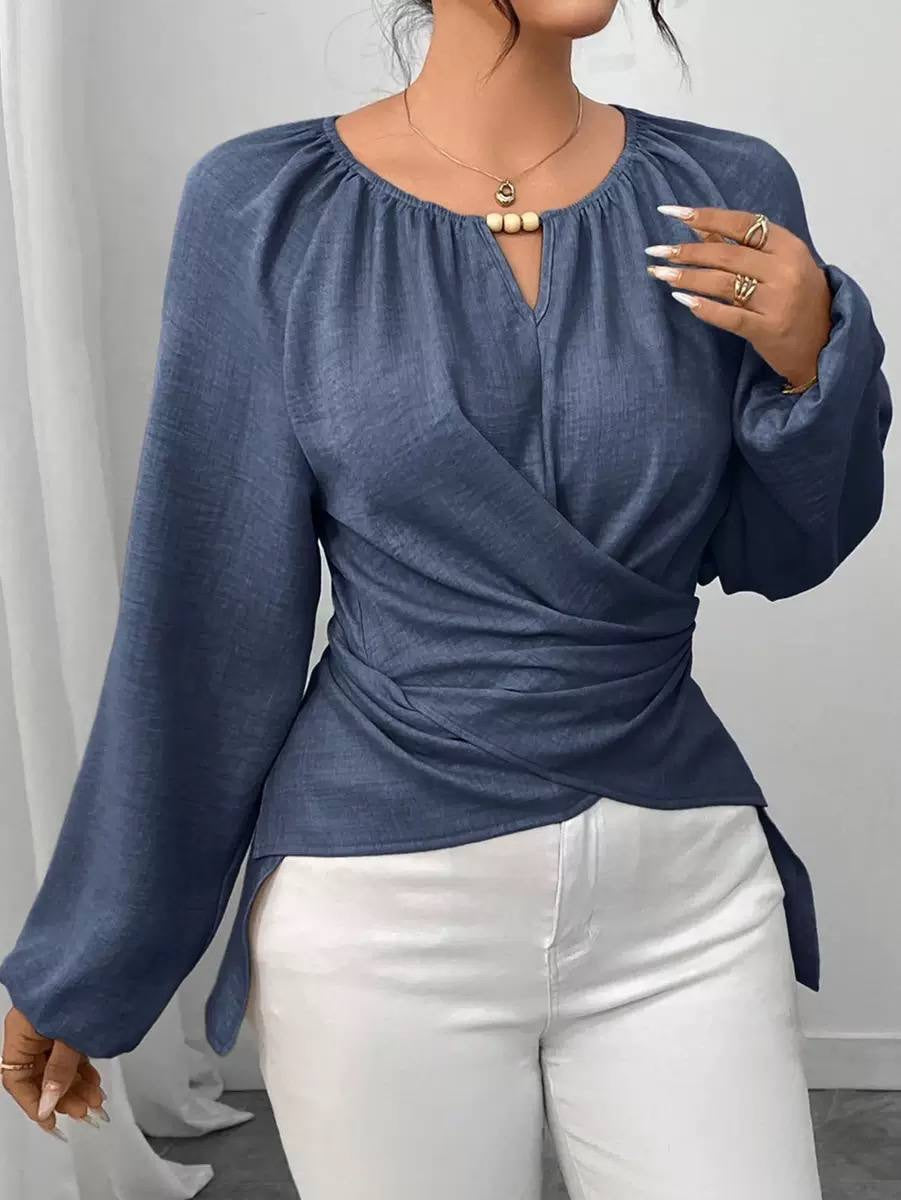 Crossover Blouse With Gathered Neckline and Full Sleeves – Blue