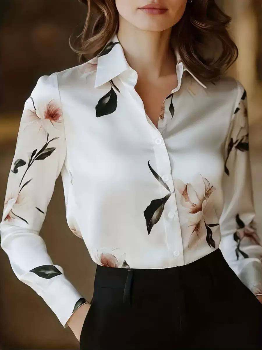 Draped Collared Blouse With Wide Cuffs and Buttons – White Floral