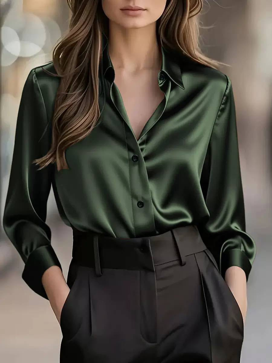 Draped Collared Blouse With Wide Cuffs and Buttons – Dark Green