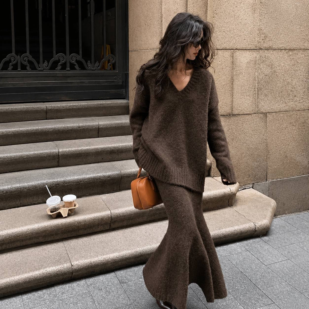 Relaxed Drop-Shoulder Sweater and Maxi Skirt Set – Brown