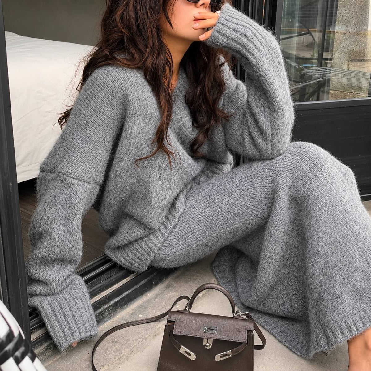 Relaxed Drop-Shoulder Sweater and Maxi Skirt Set – Grey