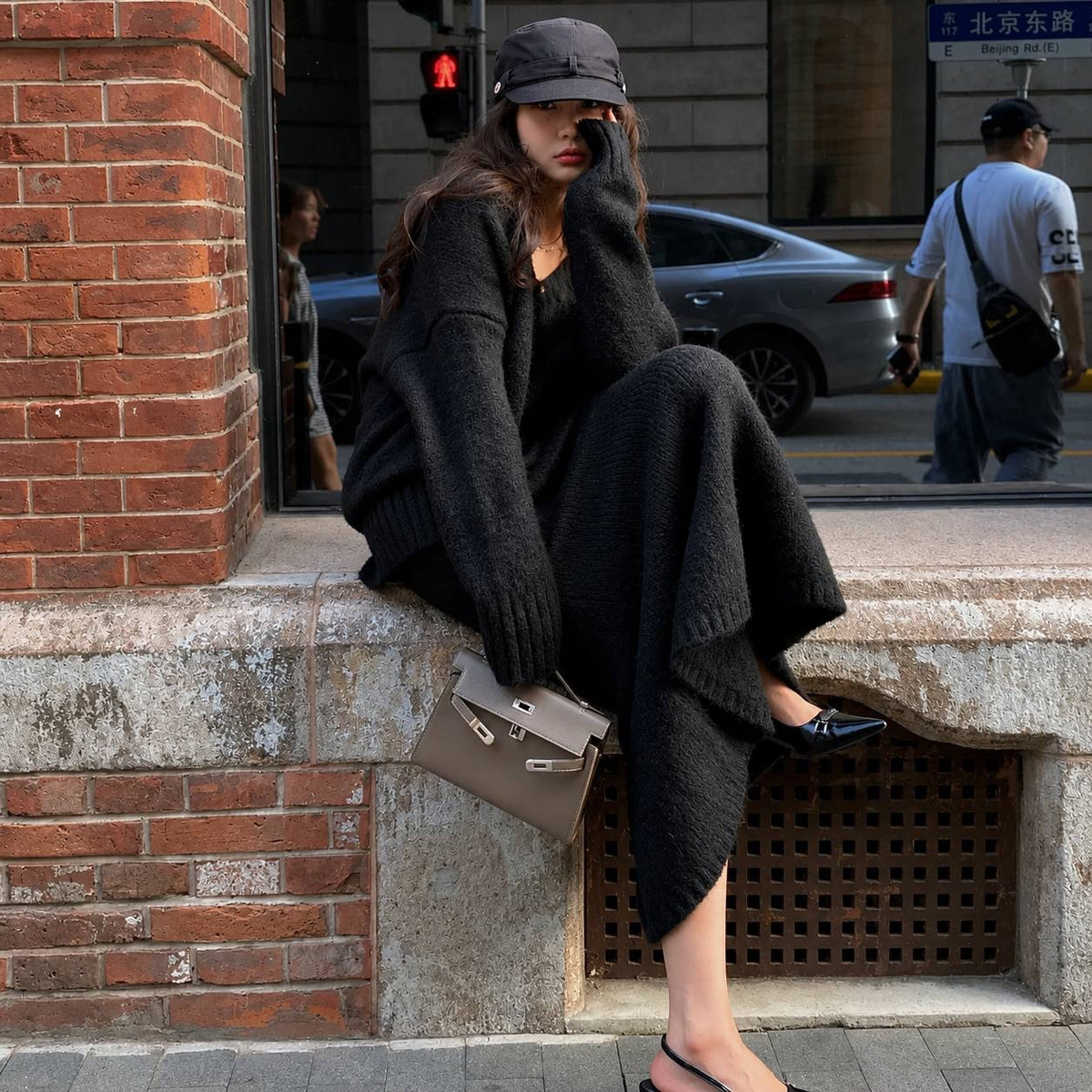 Relaxed Drop-Shoulder Sweater and Maxi Skirt Set – Black