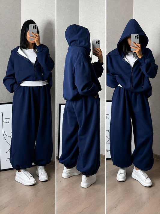 Zip-Front Hooded Set With Voluminous Cuffed Pants – Navy