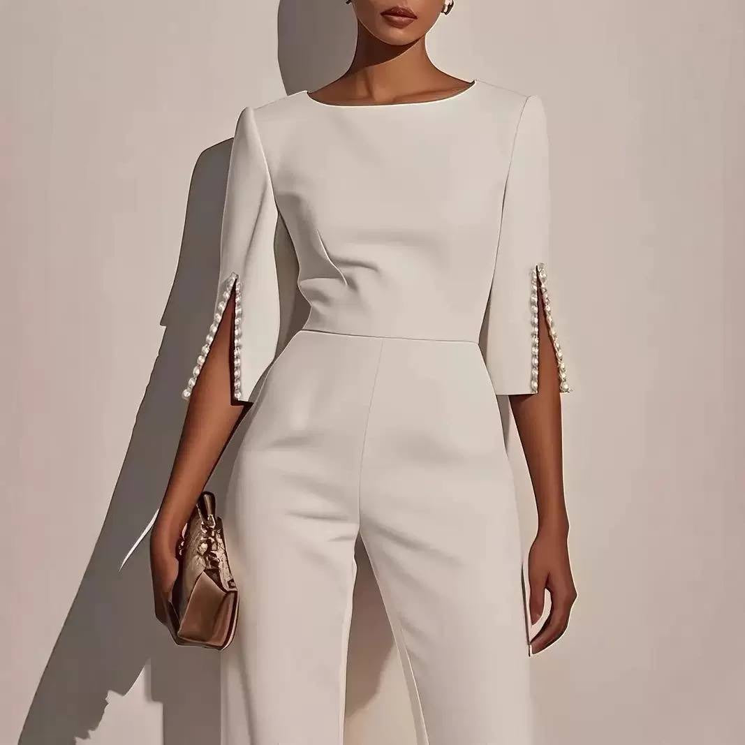Round Neck Jumpsuit With Beaded Split Sleeves – Ivory