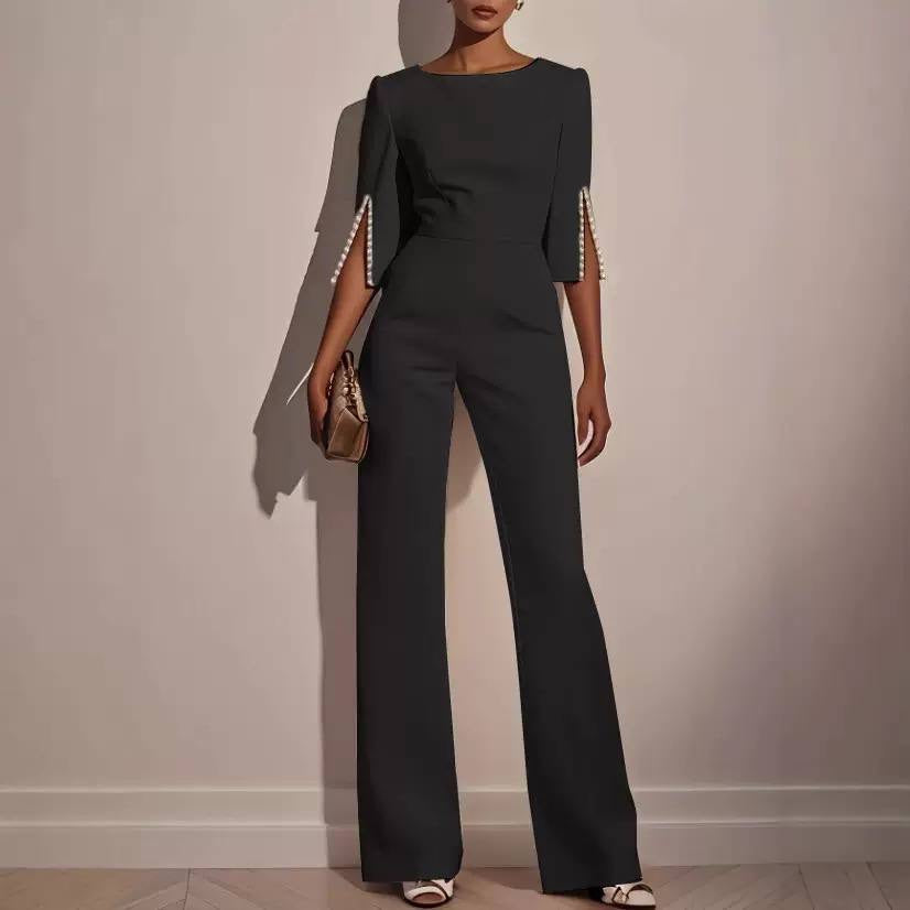 Round Neck Jumpsuit With Beaded Split Sleeves – Black