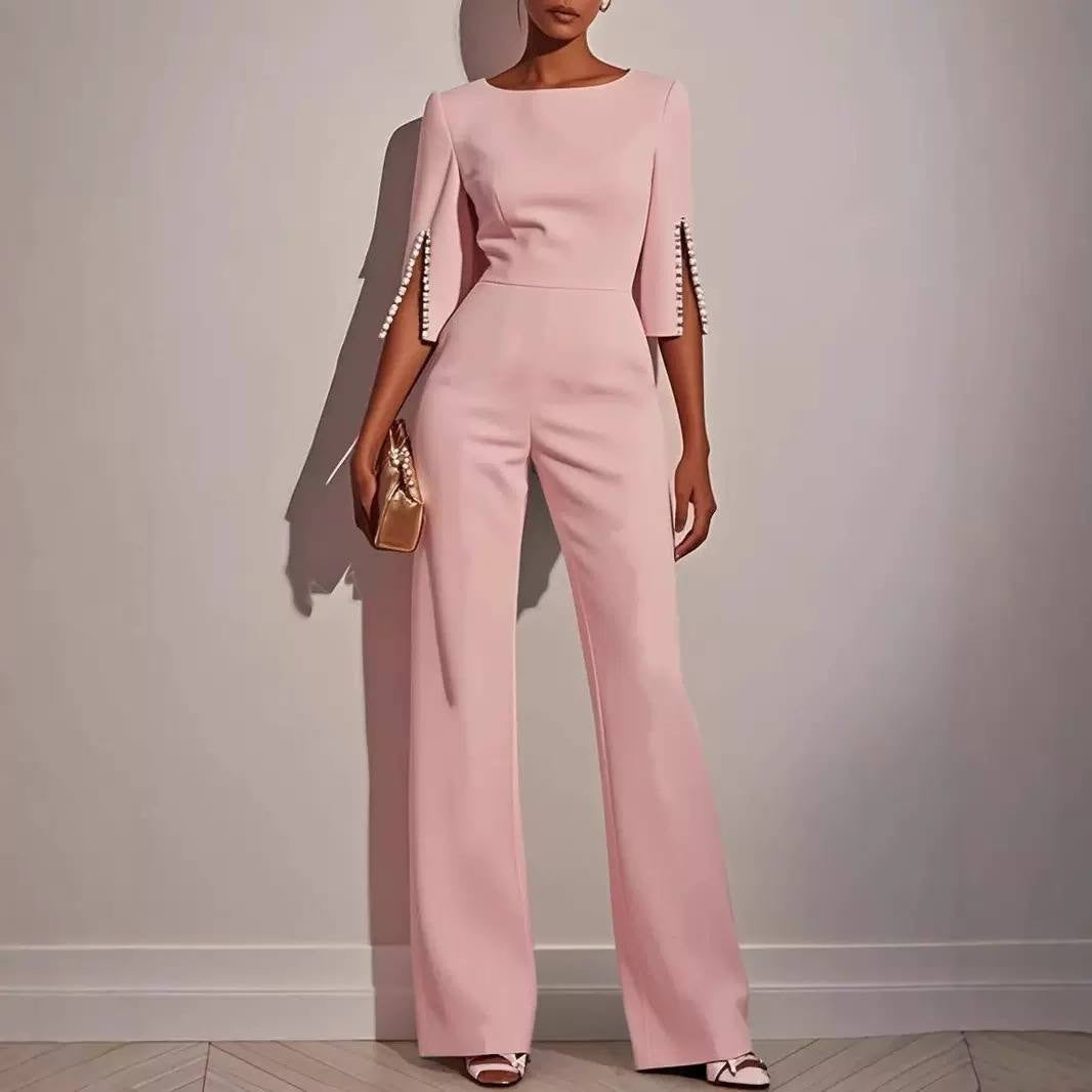 Round Neck Jumpsuit With Beaded Split Sleeves – Pink