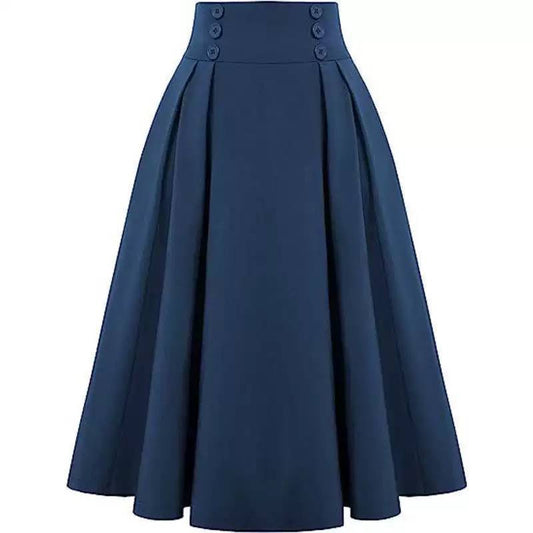 Wide Waistband Skirt With Pleats And Twin Button Rows – Navy